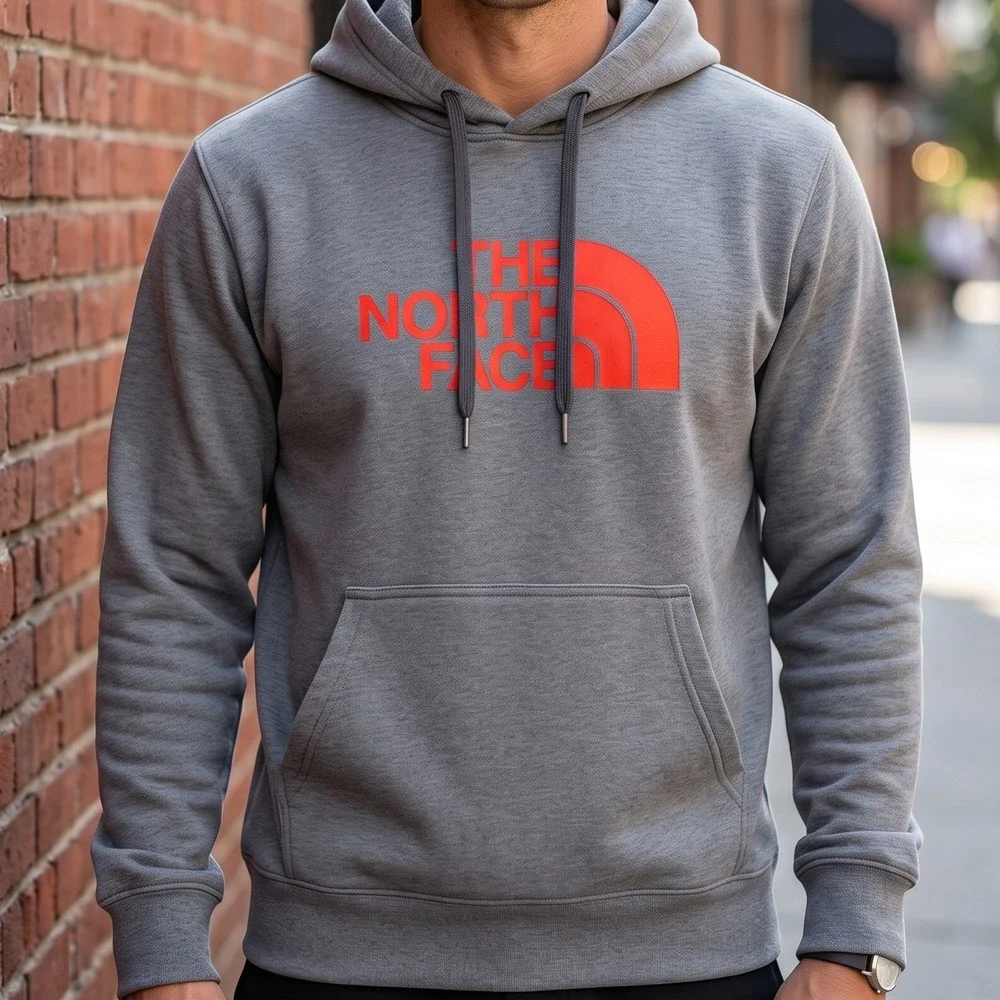 The North Face Mens Charcoal Grey‎ Orange Logo Pullover Hoodie Sweatshirt 5475